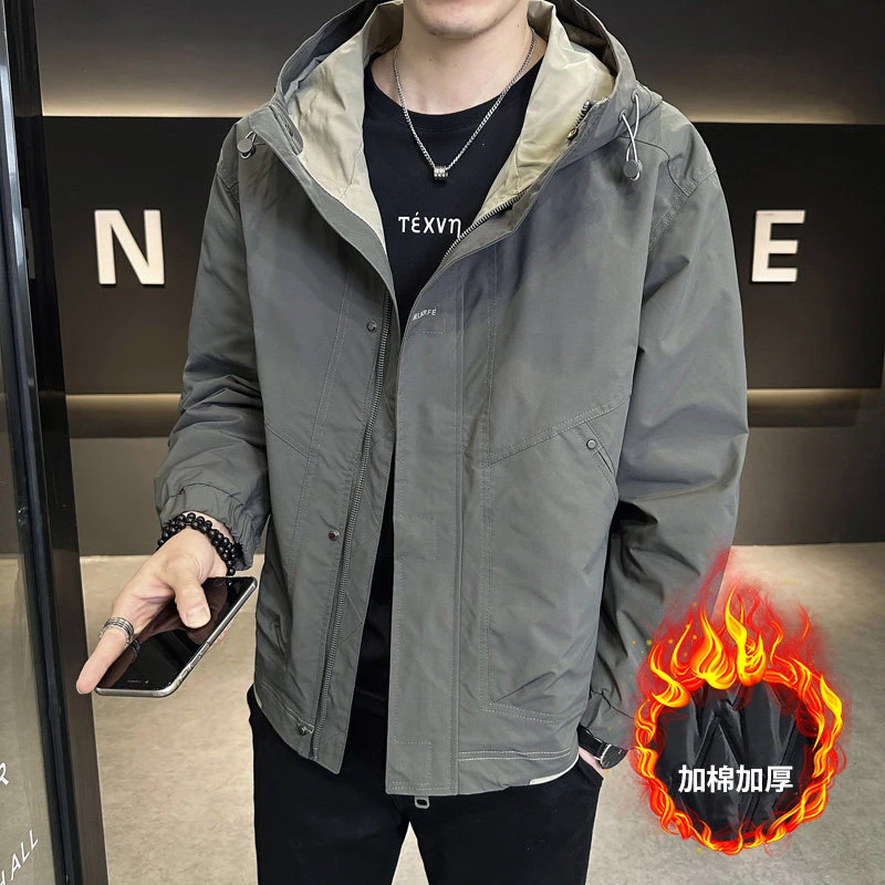 男士连帽外套2024春秋季新款夹克男纯色连帽休闲男装外套宽松帅气