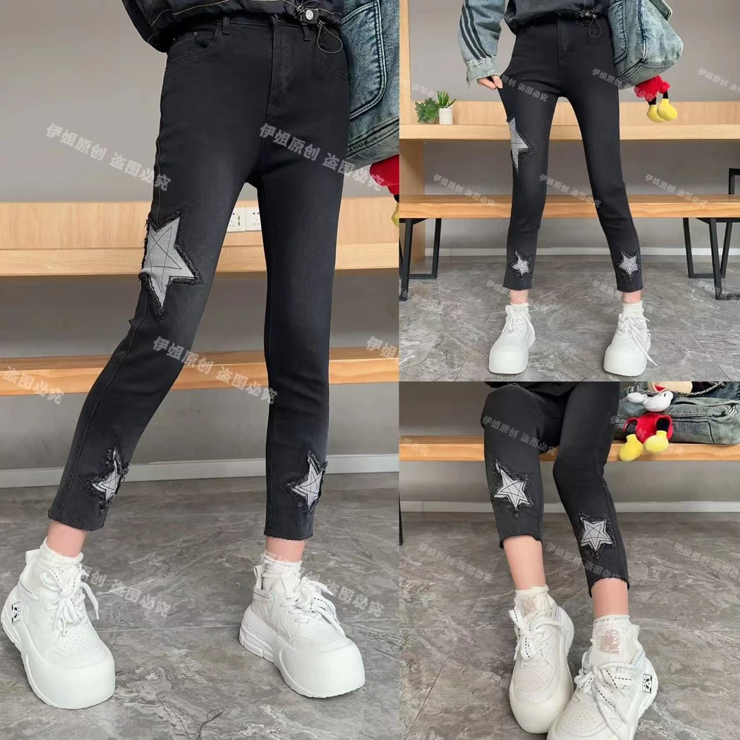 【YJ·高定】2024新款高弹刺绣牛仔裤中高腰显瘦八分烟管裤YK005