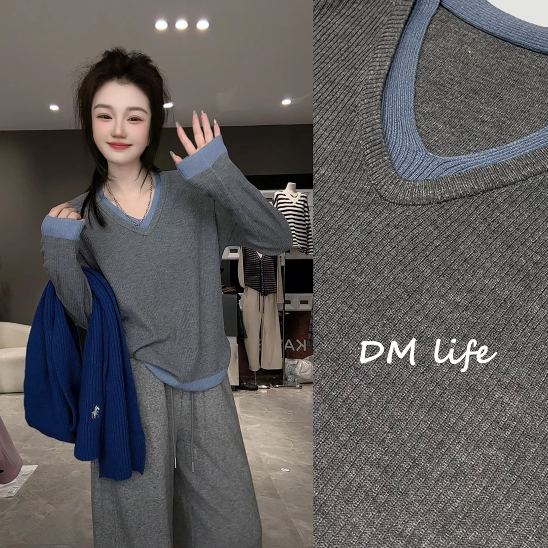 清 DMlife 简约通勤风撞色V领女秋冬慵懒风高级感上衣
