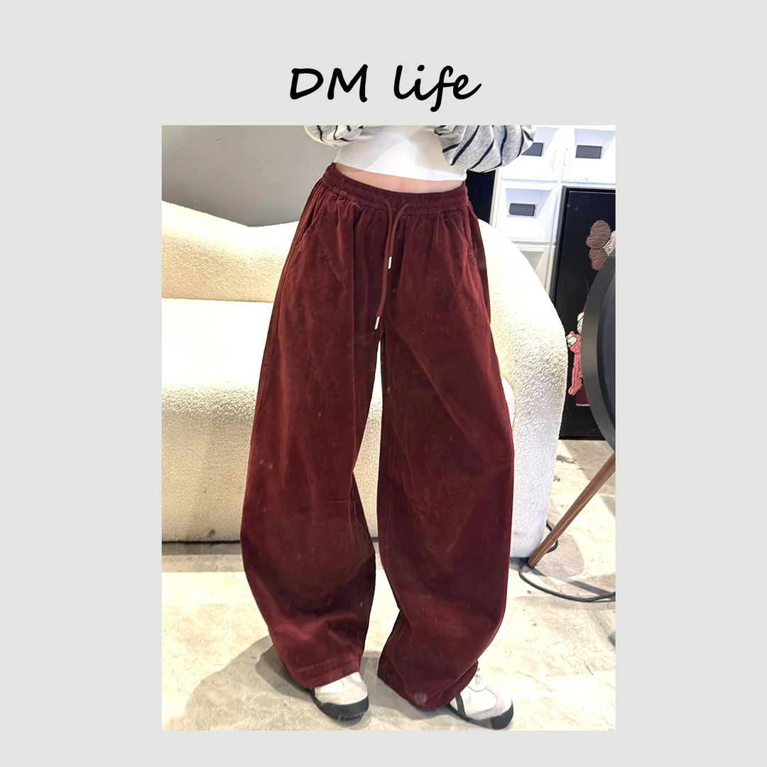 DMlife【发财红】 灯芯绒弯刀裤女抽绳显瘦弧形阔腿裤