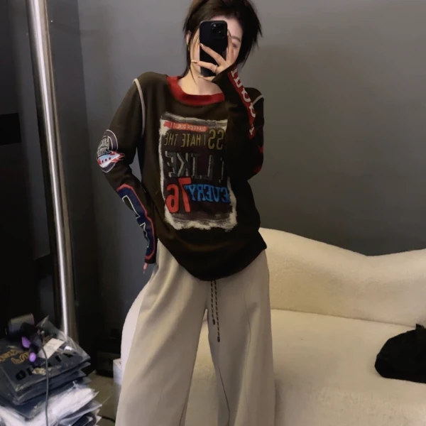 DMlife【复古涂鸦】欧货2024秋冬季新款显瘦弹力字母打底长袖T恤