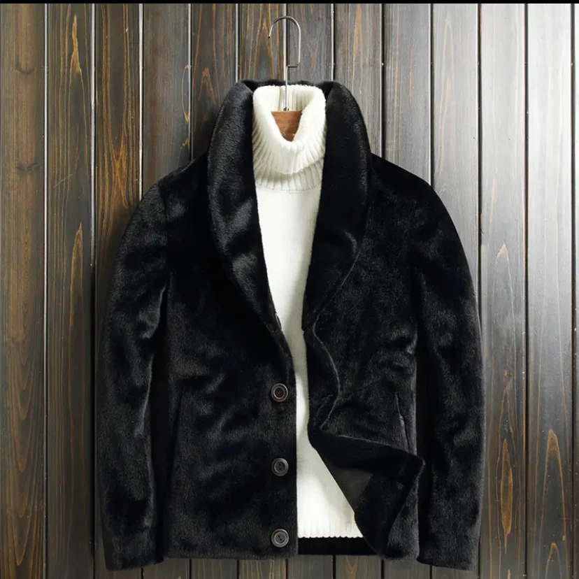 海宁冬季新款加厚款外套男士秋冬皮毛一体修身保暖毛呢休闲大码韩