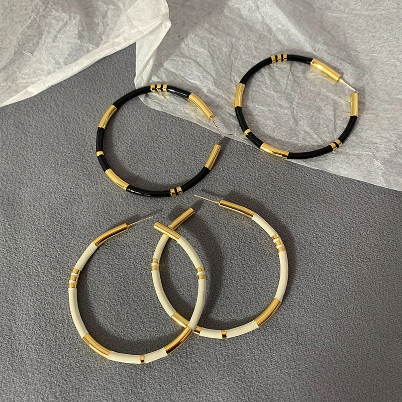 铜合金珐琅耳饰 时尚简约气质黑白珐琅圈夸张大C圈耳饰百搭个性