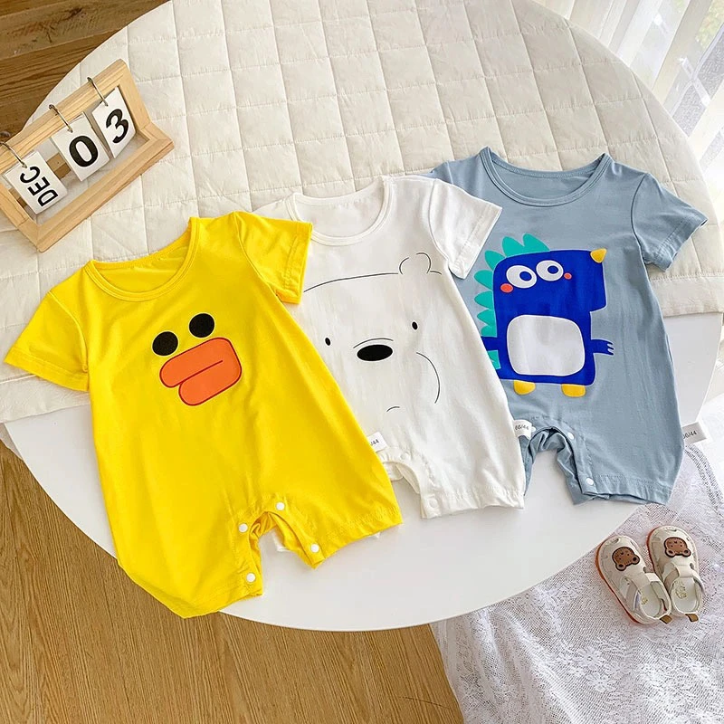 婴儿夏季莫代尔连体衣男女宝宝睡衣防踢被薄款短袖连体哈衣爬服