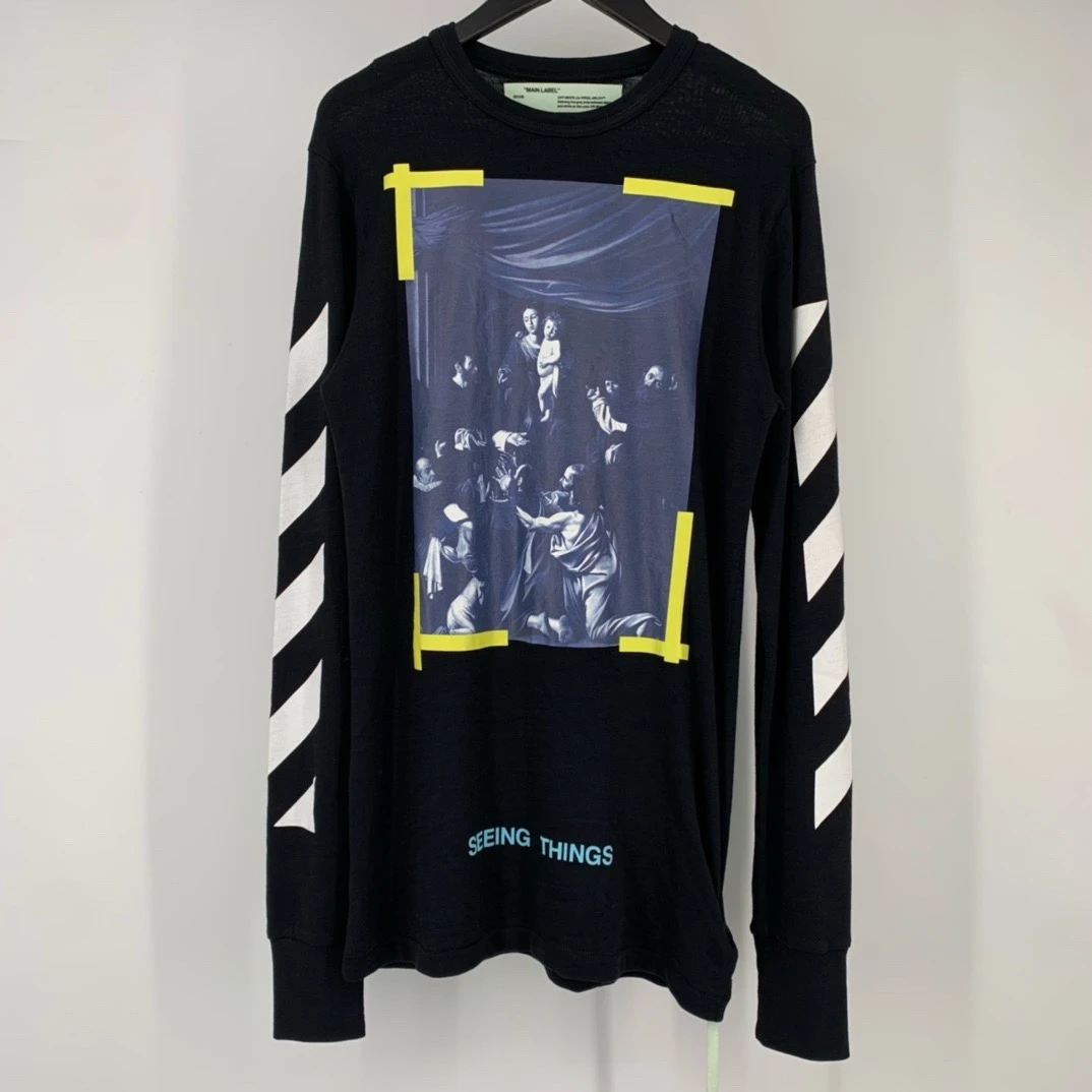 全新未使用 OFF-WHITE 黑色黄条宗教长袖 叶子-1370