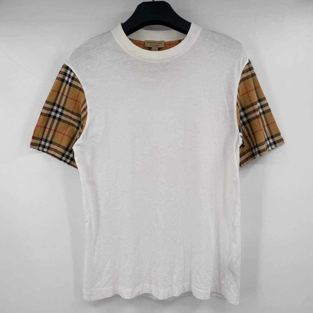 95新 BURBERRY/博柏利 格纹拼接白色短袖Z2311050008