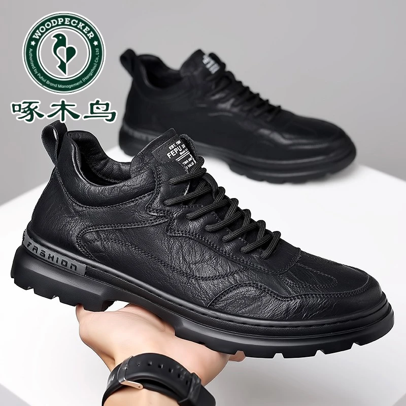 正品啄木鸟男鞋2024新款舒适百搭休闲皮鞋真皮透气工装内增高鞋子