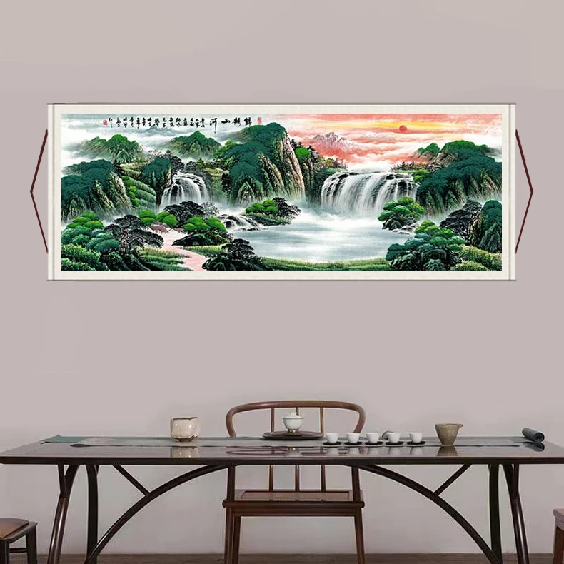 丈二《锦绣山河》大气背景墙横幅挂画国风山水靠山风景装饰画E9高档