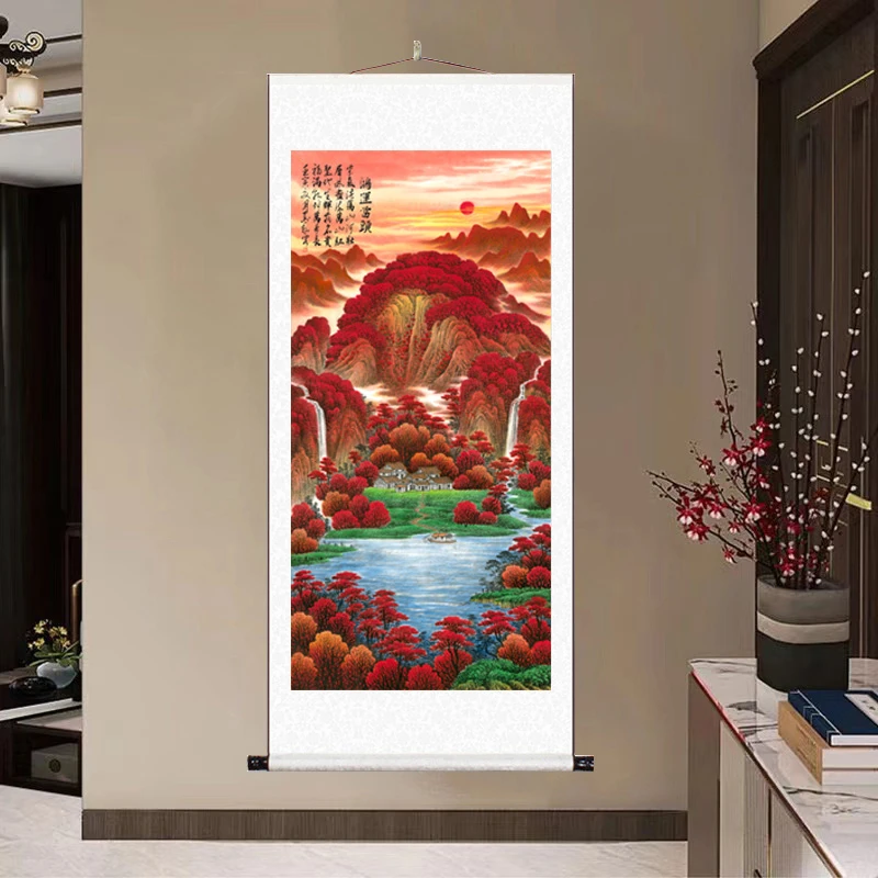 《鸿运当头》大气背景墙竖幅挂画国风山水靠山风景装饰画M1艺术装裱