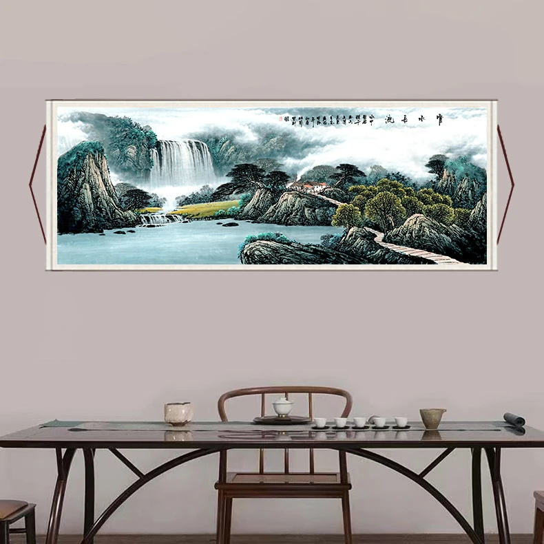 丈二《富水长流》大气背景墙横幅挂画国风山水靠山风景装饰画艺术B1