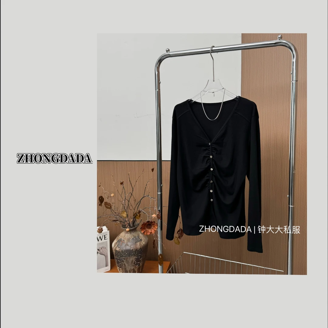 ZHONG大大【】秋季V领褶皱设计显瘦正肩时尚气质长袖T恤311