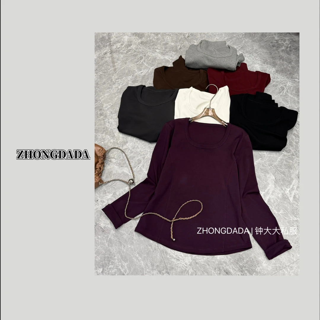 ZHONG大大【】方领正肩长袖T恤秋冬新款百搭显瘦上衣378