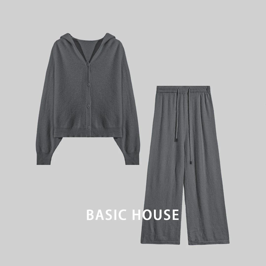 Basic House/百家好JH显瘦气质慵懒风针织套装休闲设计师两件套女