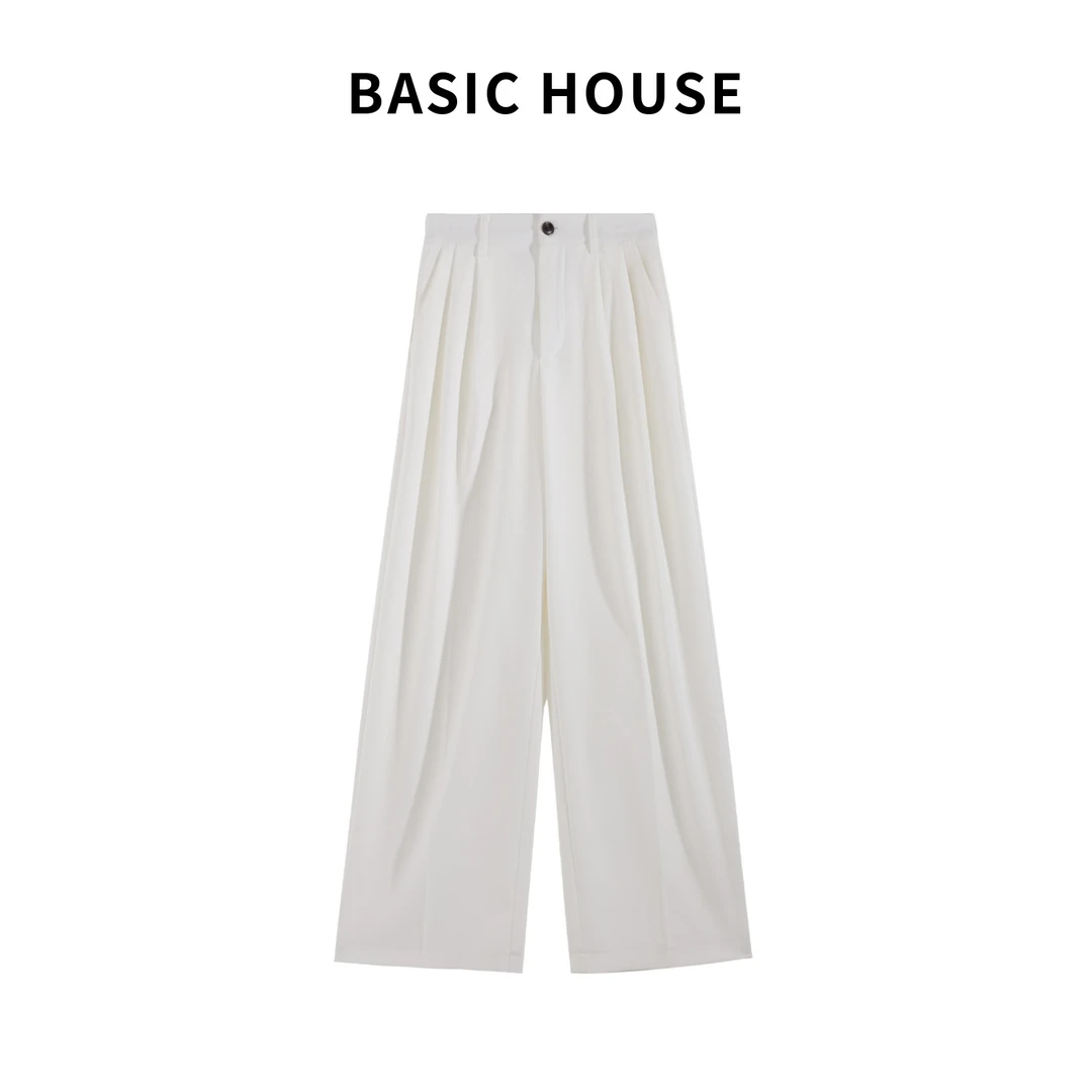 Basic House/百家好JH高腰西装裤白色直筒阔腿简约时尚百搭设计师