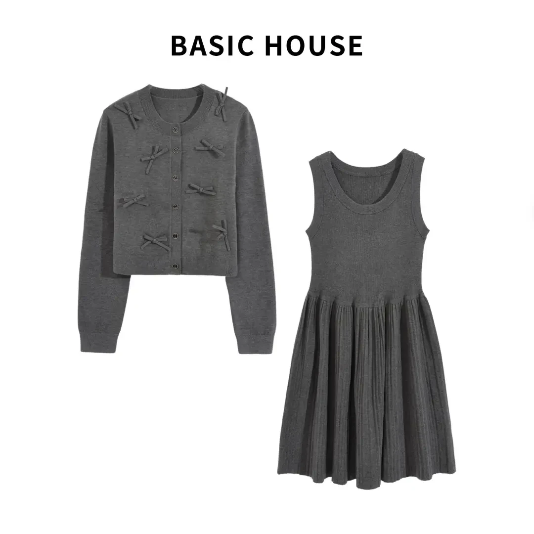 Basic House/百家好JH24年新款复古气质显瘦针织裙加上衣两件套女