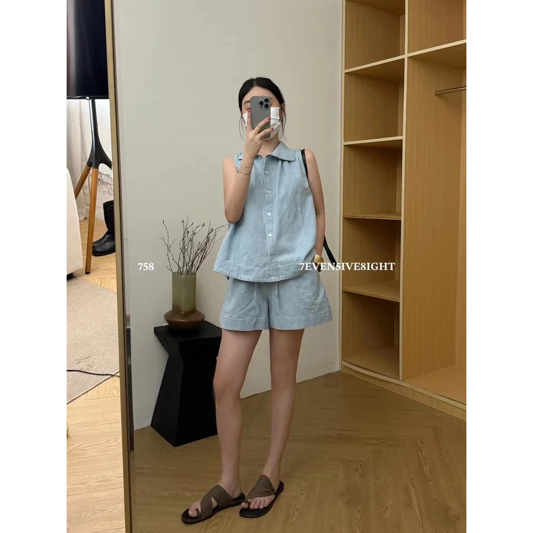 7EVEN5lVE8IGHT 软糯牛仔套装女韩系夏季无袖衬衫短裤休闲两件套