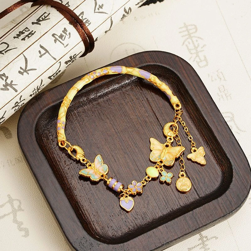 黄铜手链 古风手链国风手饰古法手链中式蝴蝶轻奢新珐琅半镯百搭