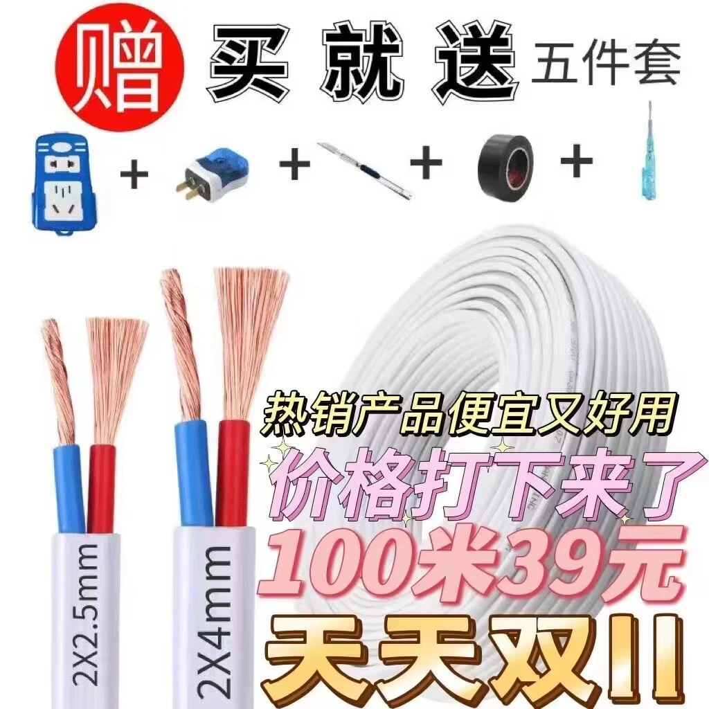 白护套线家用电线户外RVVB2芯1.5/2.5/4平方多股软线防冻电源线