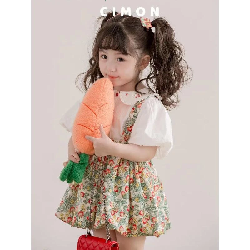 夏季新款韩版洋气女童衬衫开扣上衣娃娃衫碎花背带连衣裙公主套装