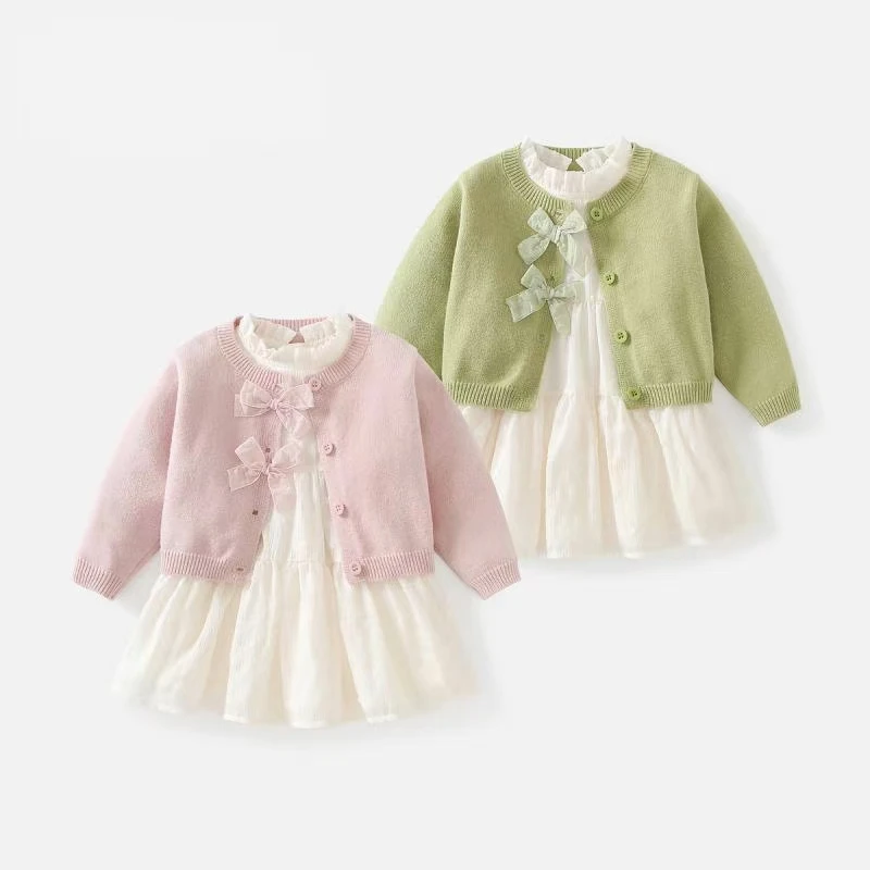 韩国女童连衣裙春秋装新款儿童甜美针织开衫裙子套装宝宝周岁礼服