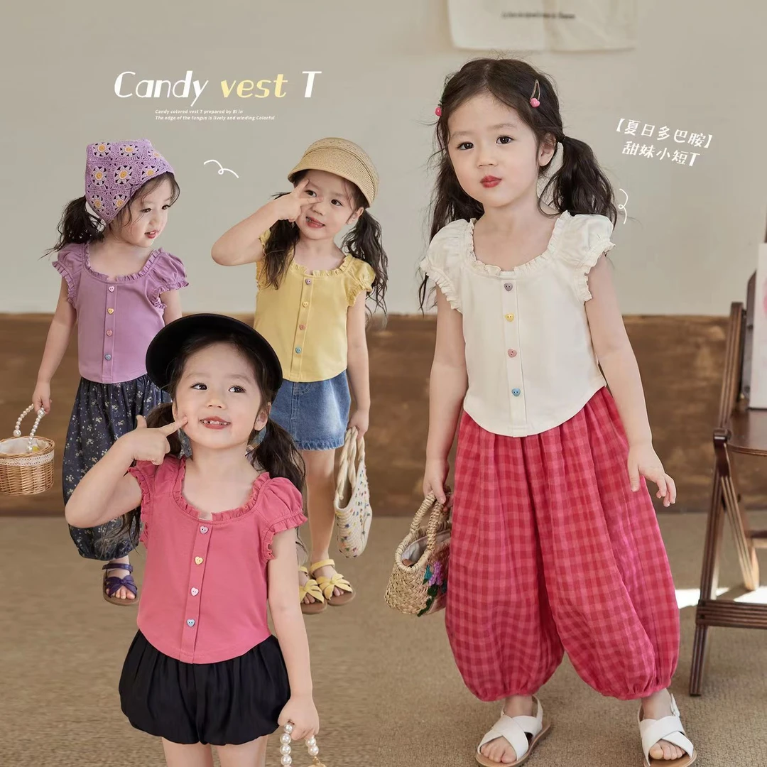 女童新款宝宝泡泡袖坎肩背心小女孩时髦夏季婴儿洋气无袖上衣t恤