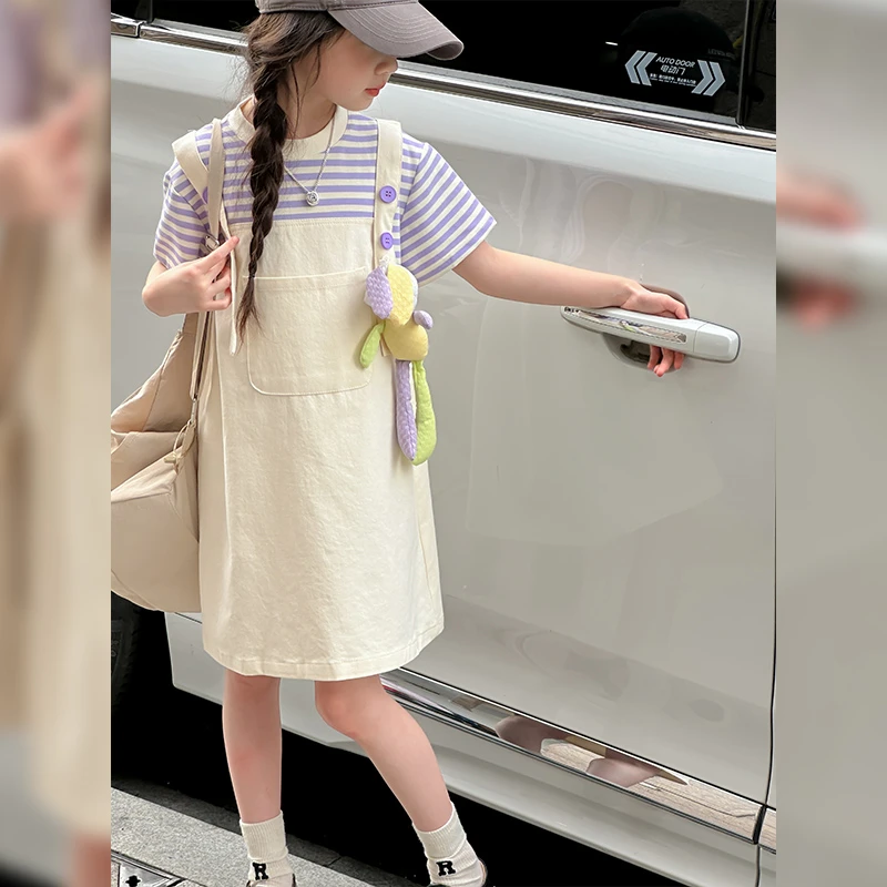 女童假两件背带连衣裙夏装2024新款洋气儿童棉布裙子紫色条纹半袖