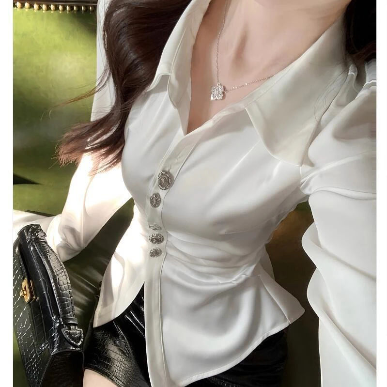 纯欲辣妹修身白色衬衫上衣女设计感小众腔调气质柔光缎面收腰衬衣