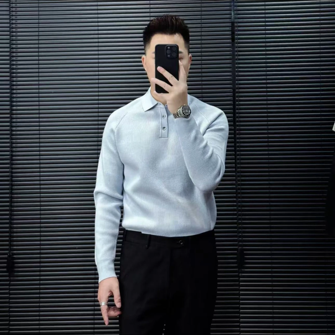 8157冬季男士纯色羊毛混纺竖条加厚polo领毛衣保暖舒适高级感男装