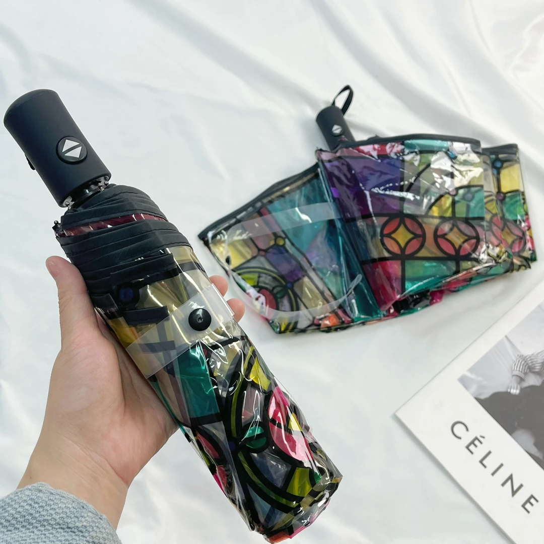 小红书同款!高颜值日系玻璃彩绘窗花透明三折全自动学生折叠雨伞