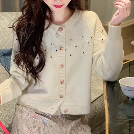 秋冬款轻奢小香风圆领重工钉钻毛衣外套女秋冬软糯奶fufu毛衣开衫