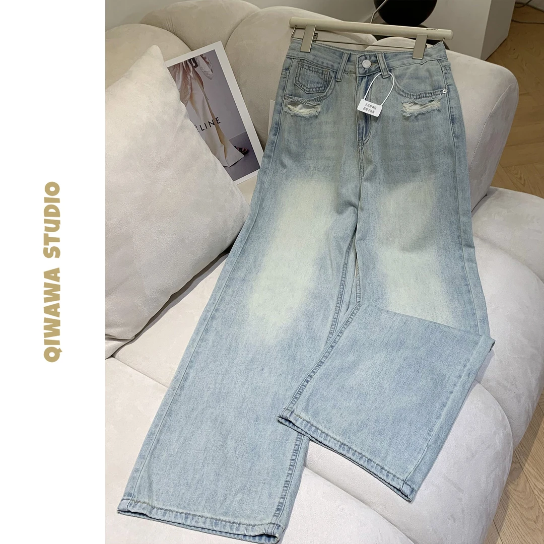 QIWAWA/琪哇哇[悠然蓝调]牛仔裤高腰显瘦时尚夏季百搭阔腿裤666