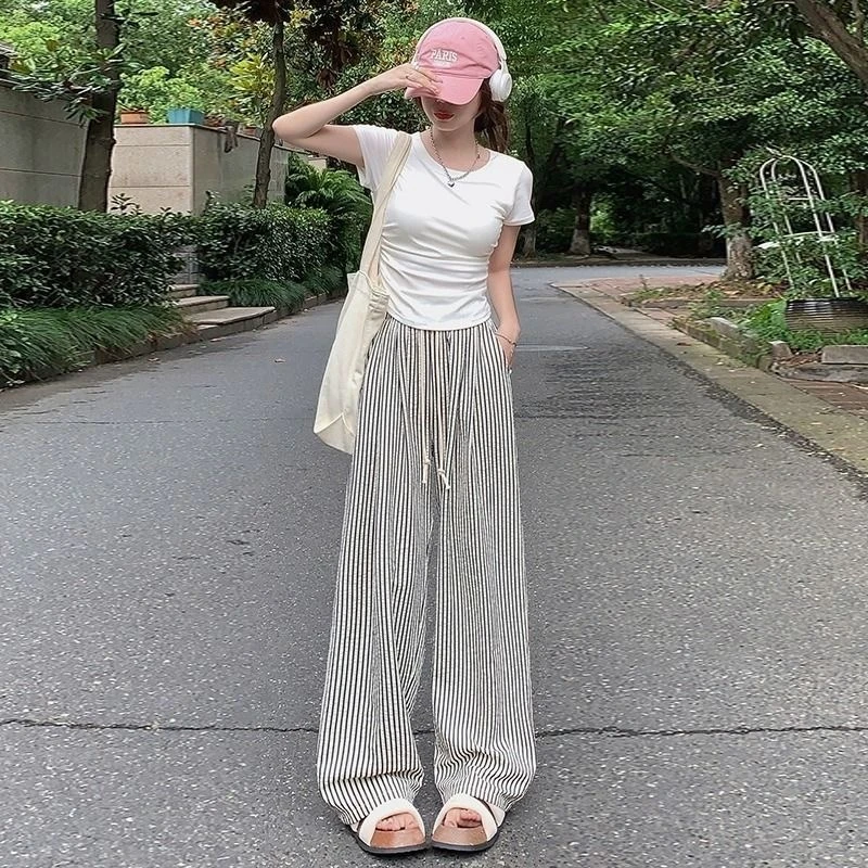 【粉丝专享】条纹阔腿裤女夏季薄款黑白条休闲长裤拖地裤