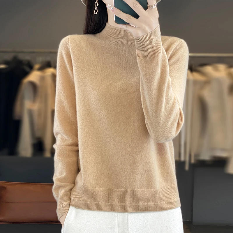 秋冬山羊绒打底衫女半高领套头羊绒衫宽松显瘦针织衫极简风打底