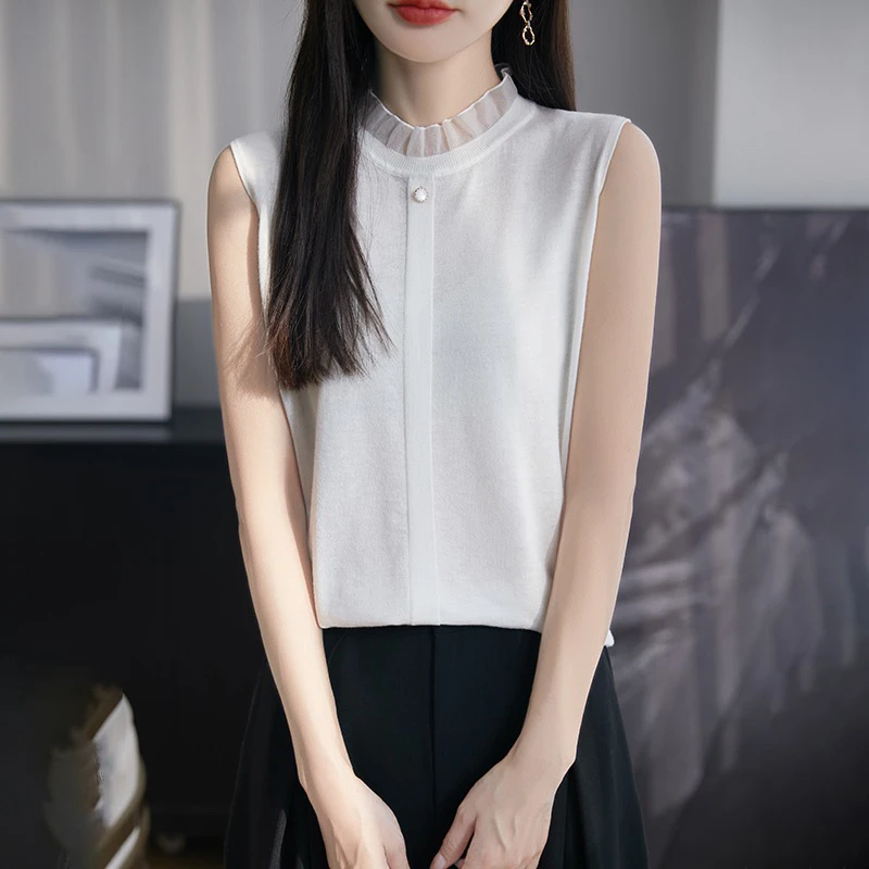 法式蕾丝领无袖打底衫女半高领精纺100针织衫无袖羊毛衫马甲