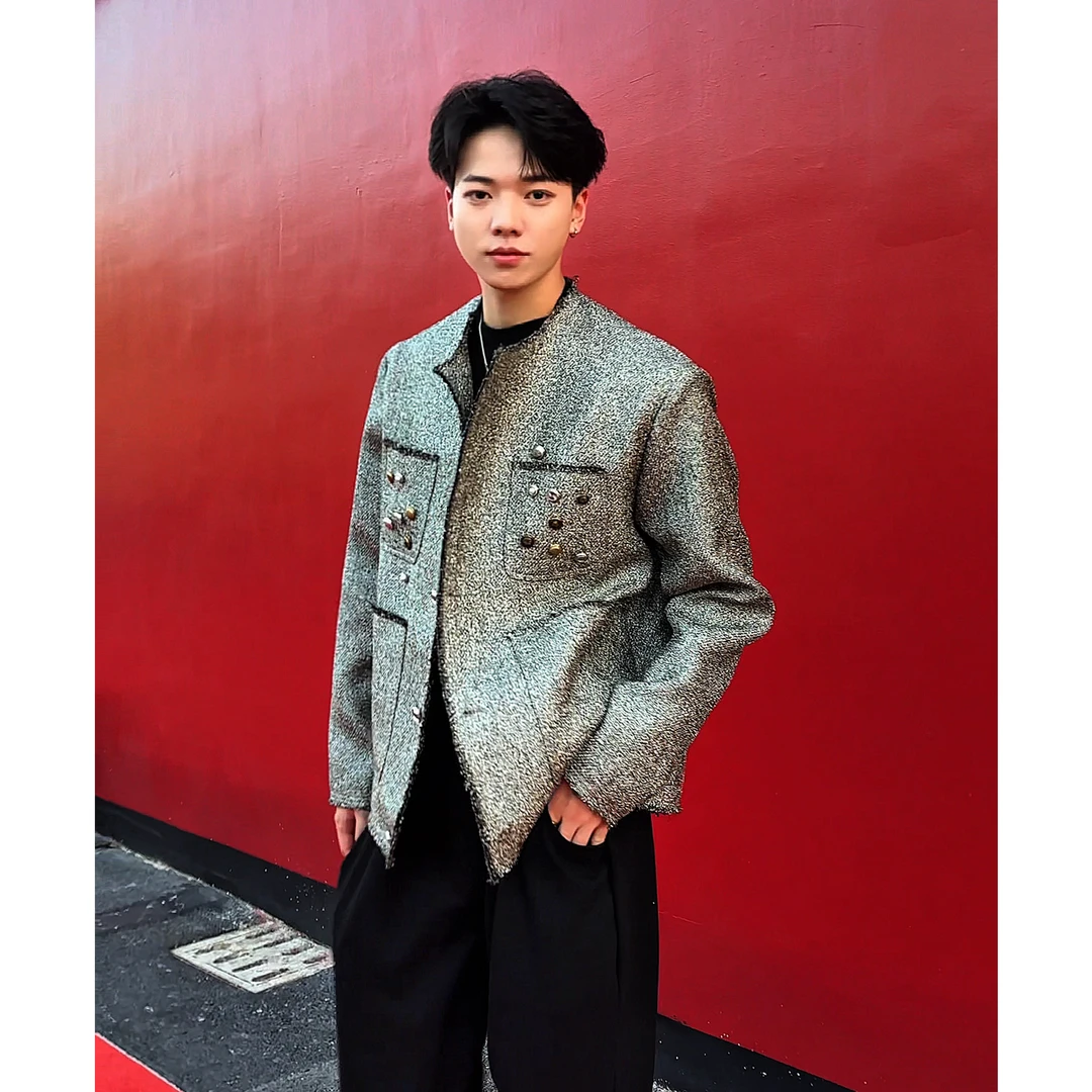 小众纽扣设计垫肩无领夹克男宽松复古高级小香风外套潮流休闲通勤