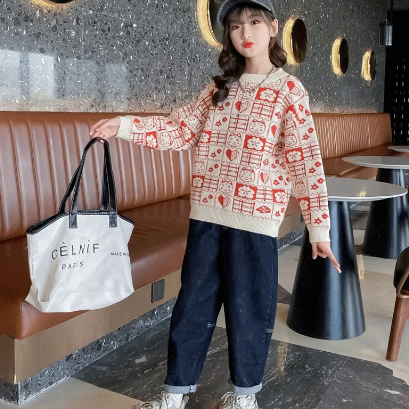 女童毛衣加绒冬装新款洋气初中大儿童装女孩春秋季加厚针织衫