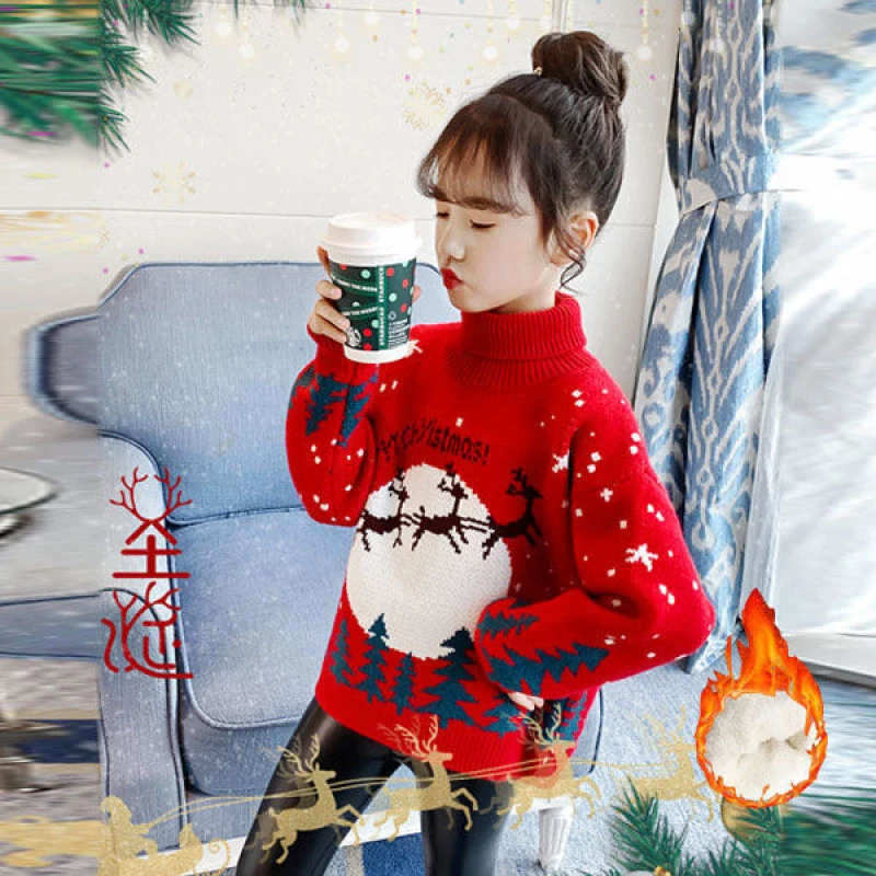 女童高领毛衣秋冬2025新款儿童洋气加绒加厚女孩圣诞打底衫女大童