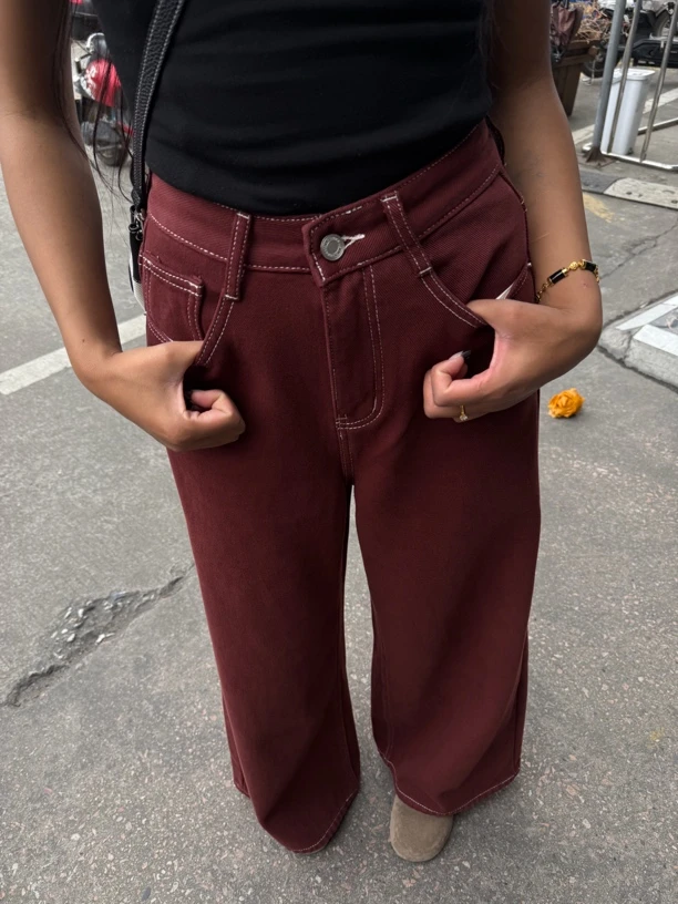 加绒牛仔裤女白塔宽松休闲阔腿裤