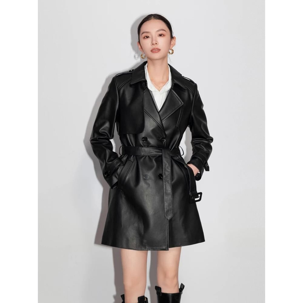 时尚绵羊皮真皮风衣女收腰2023中长款皮衣外套气质