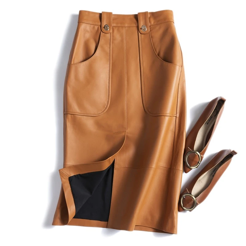 小羊皮皮裙大口袋前开叉真皮半身裙
