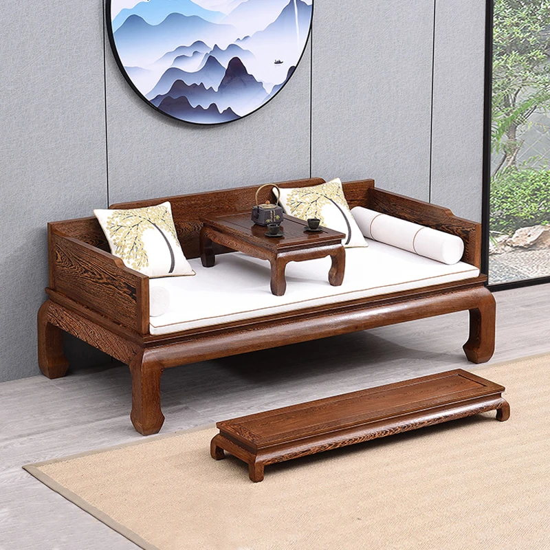 红木家具鸡翅木罗汉床三件套中式素面实木沙发床组合仿古躺椅床榻