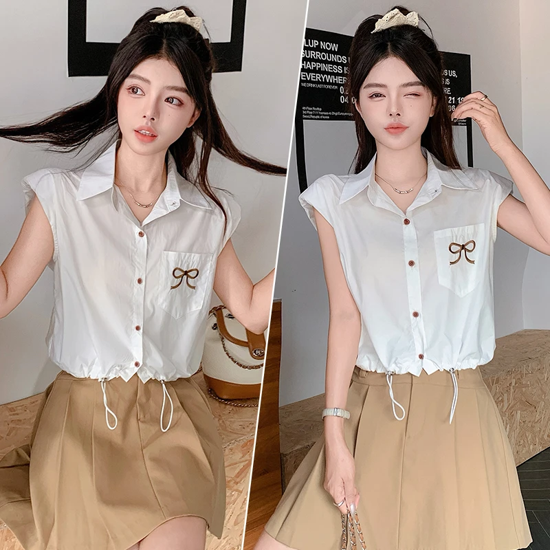 刺绣气质领衬衫女2025年减龄新款外穿美式辣妹抽绳衬衣修身小众