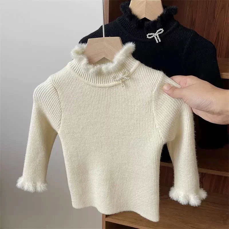 冬季女童木耳边领一体绒加厚毛衣婴儿宝宝加绒针织打底衫儿童公主