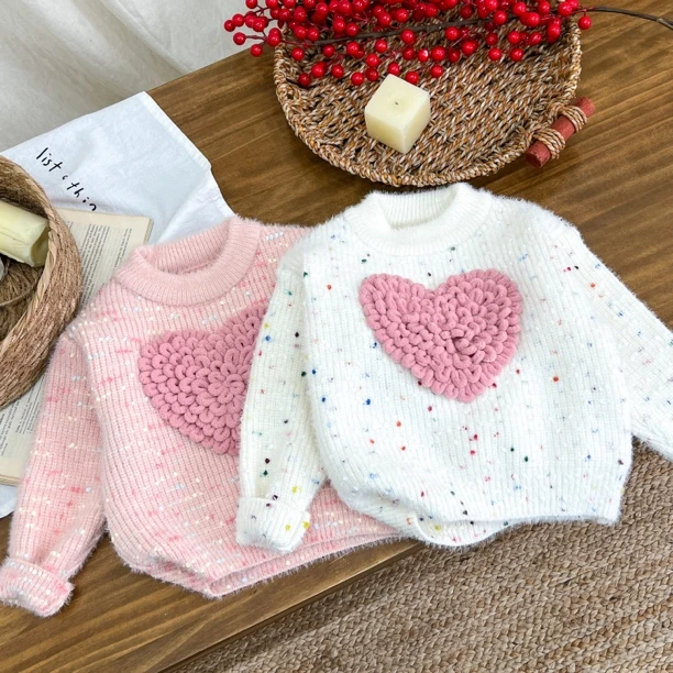 爆款豆豆纱女童2025新款爱心毛衣女宝宝加密加厚韩版套头针织衫