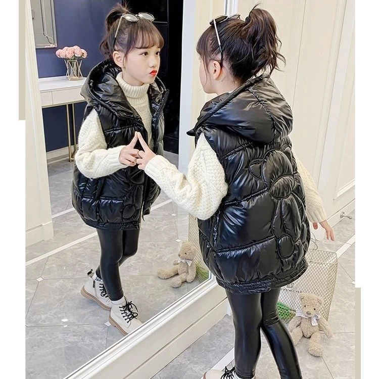秋冬女童冬季马甲2023新款免洗加厚外穿中大童舒适棉马夹连帽女孩