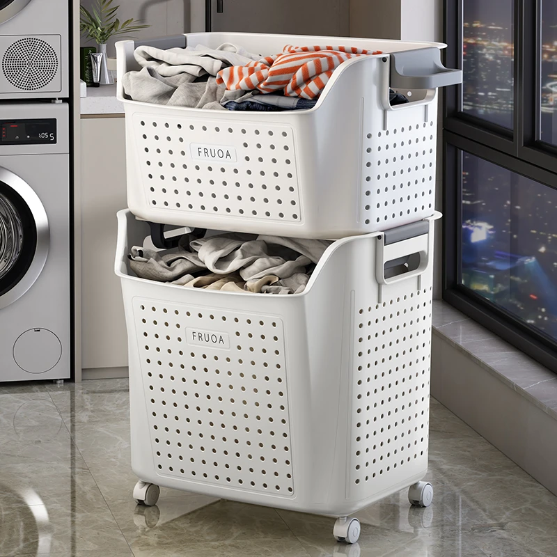 家用大容量脏衣篮双层储物洗衣篓卫生间浴室日式带轮可移动收纳蓝