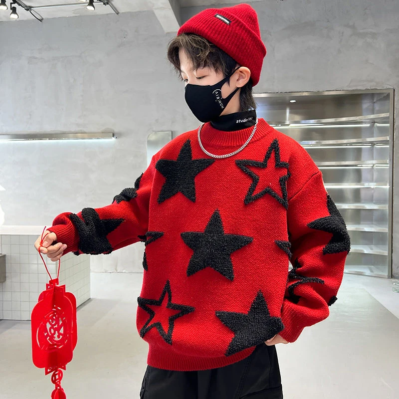 男童毛衣秋冬款2023新款大儿童冬季拜年服龙年红色加厚冬装男孩潮