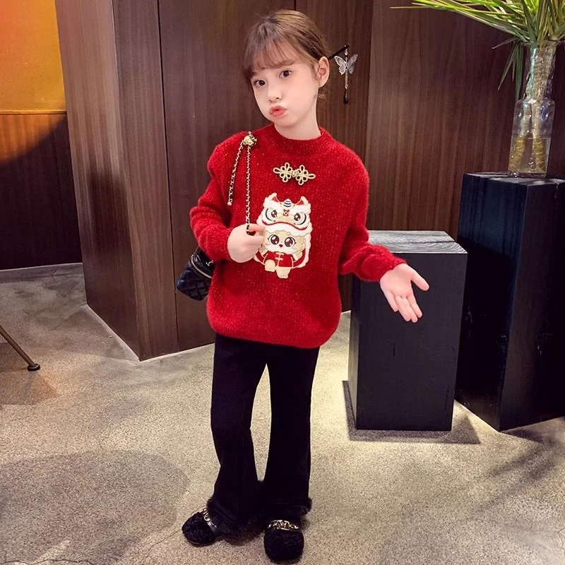 新年女童红色毛衣冬装2023新款洋气儿童网红针织衫拜年服毛线上衣