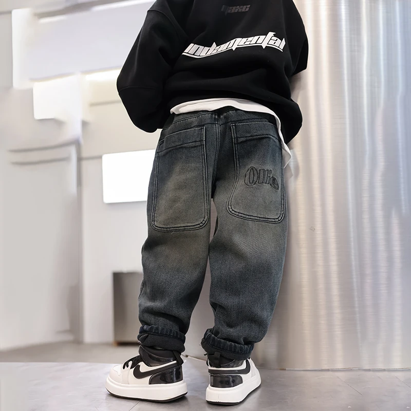 男童加绒牛仔裤2024秋冬款中大童帅气休闲长裤儿童加厚宽松裤子AN