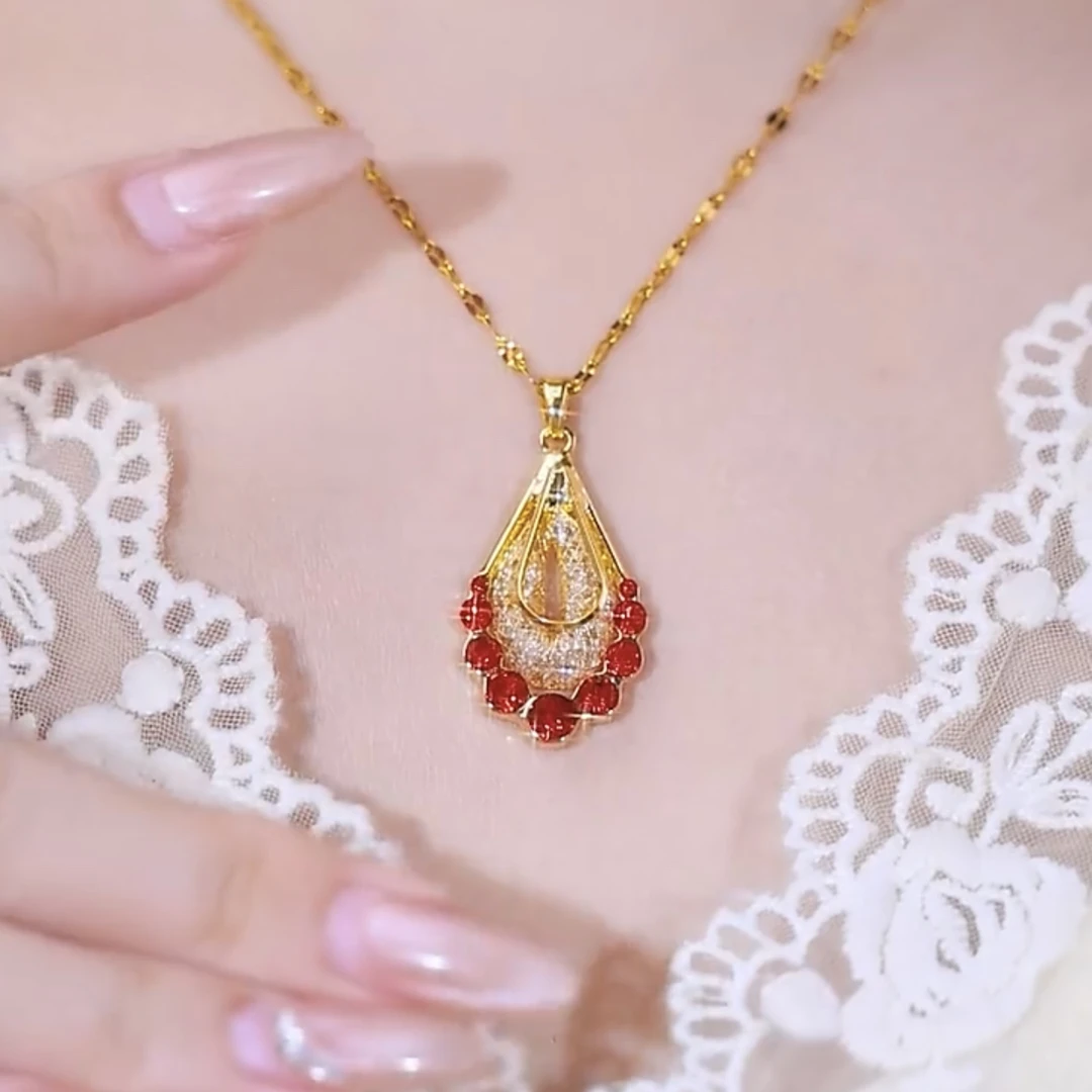 铜合金项链 【鸿运当头】时尚气质百搭红色雨滴项链